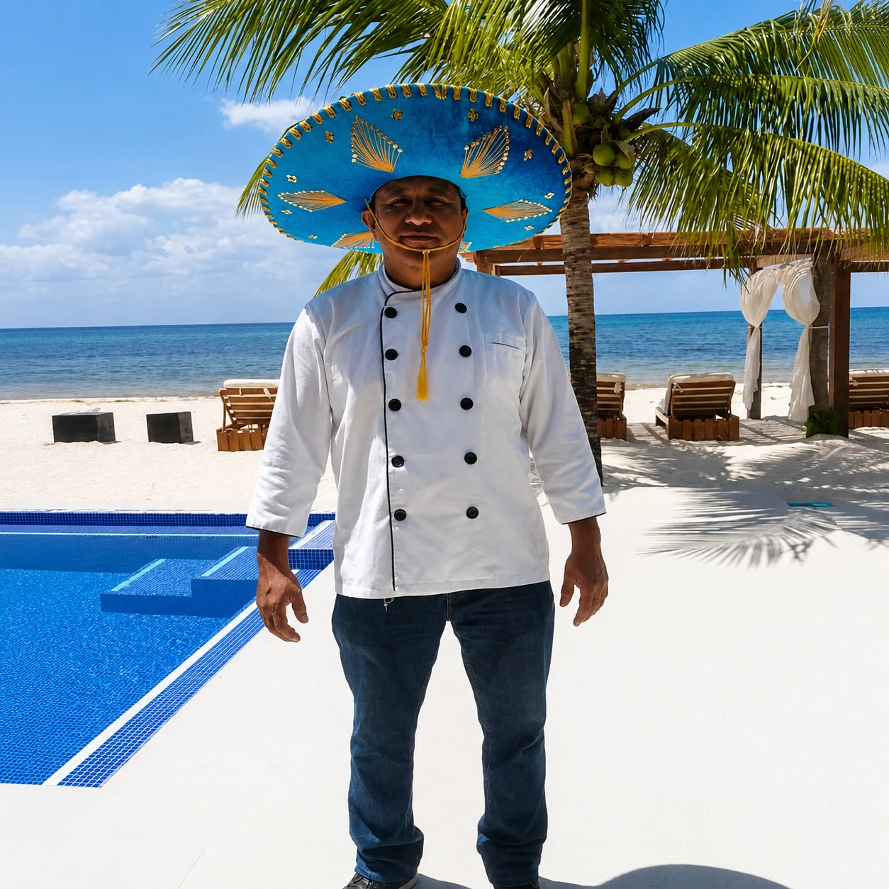 Chef Edgar Olguin cocinando en una villa frente al mar con piscina en Cozumel