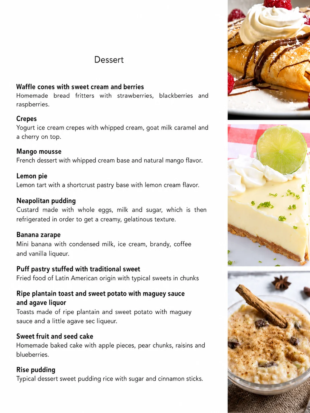 Menú de postres tradicionales mexicanos — crepas, mousse de mango, flan, arroz con leche