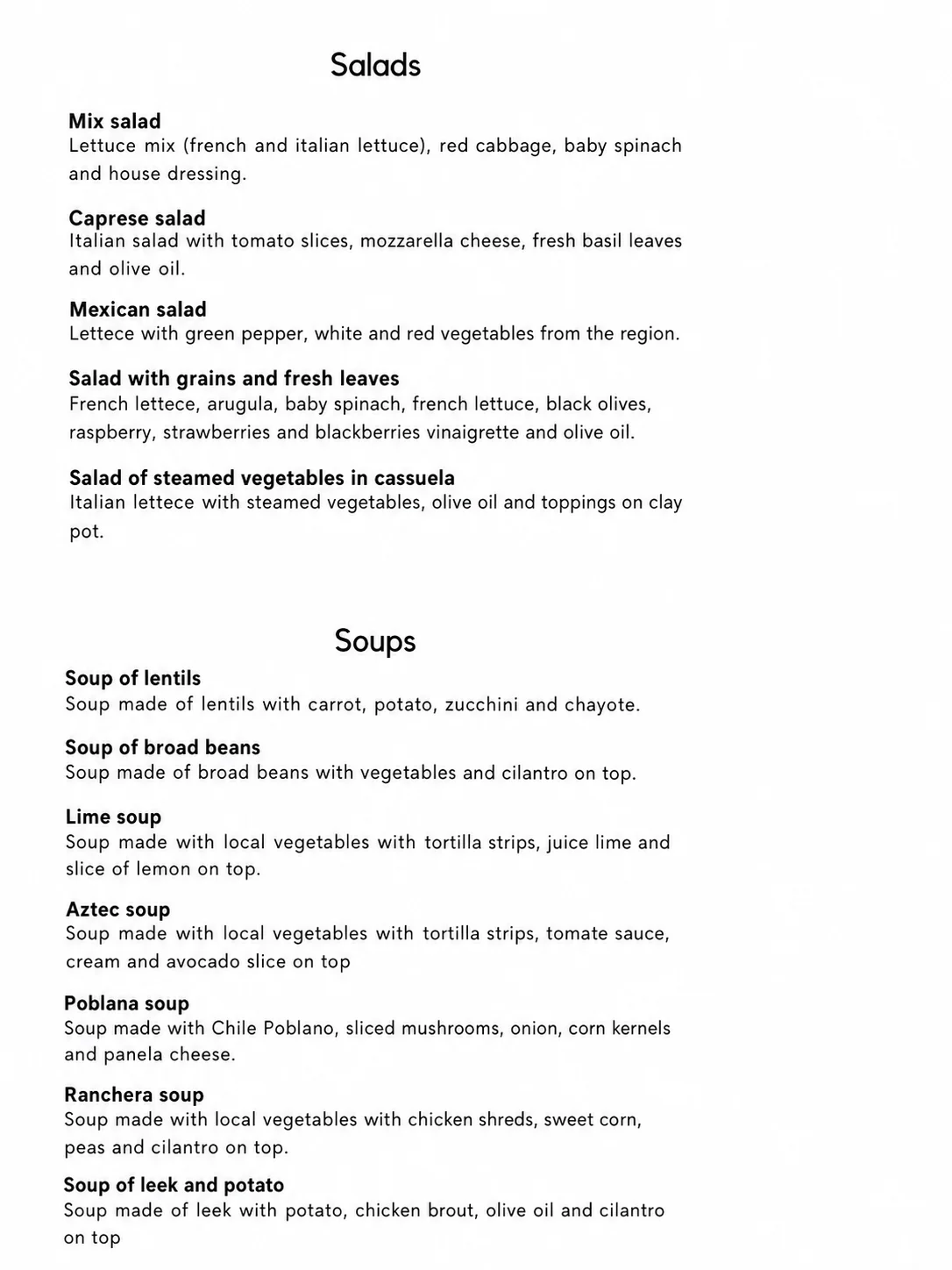 Menú de sopas y ensaladas mexicanas — sopa de lima, sopa azteca, caprese, ensalada mexicana