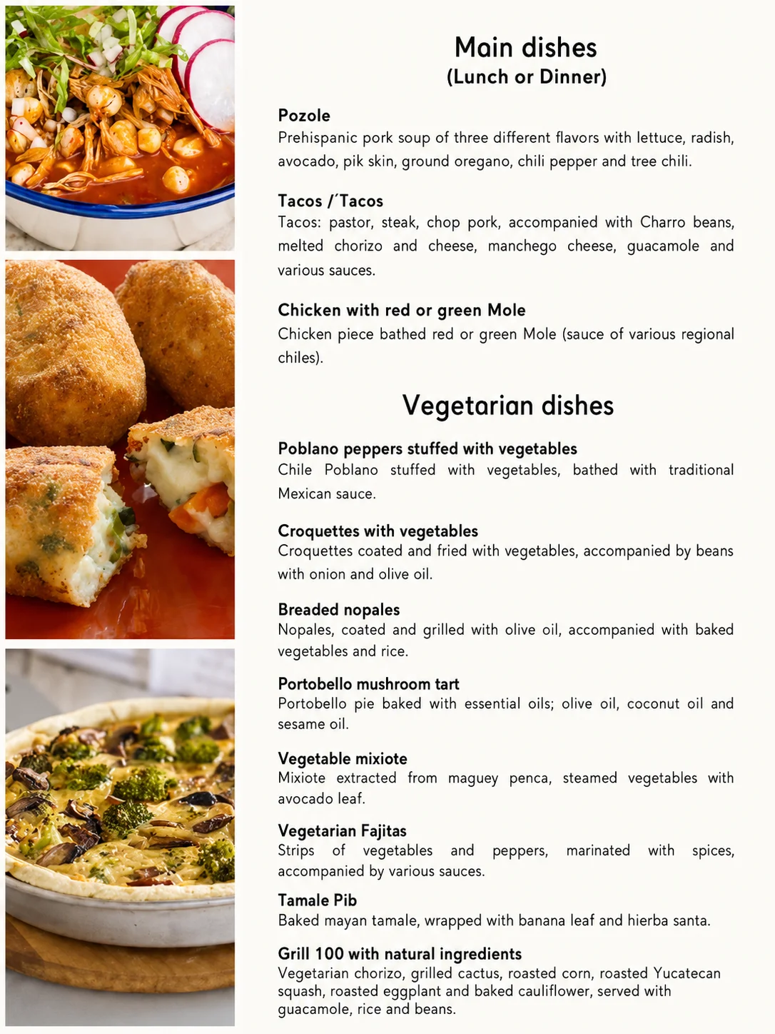 Menú vegetariano mexicano — chiles poblanos, nopales empanizados, tamal pib, tarta de portobello